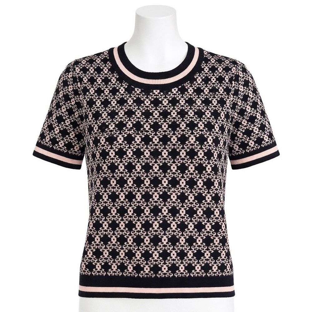 Adrianna Papell Sweater Top Small Black Pink Knit Short Sleeve Floral Preppy